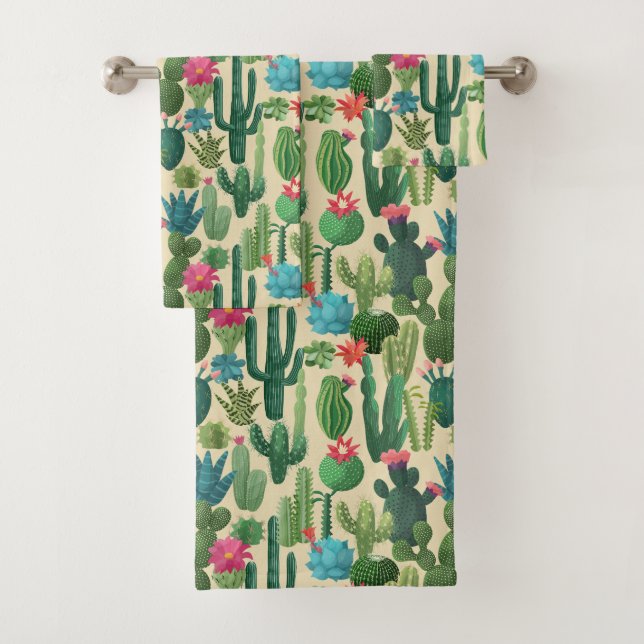 Green Teal Blooming Cacti Pattern Bath Towel Set (Insitu)