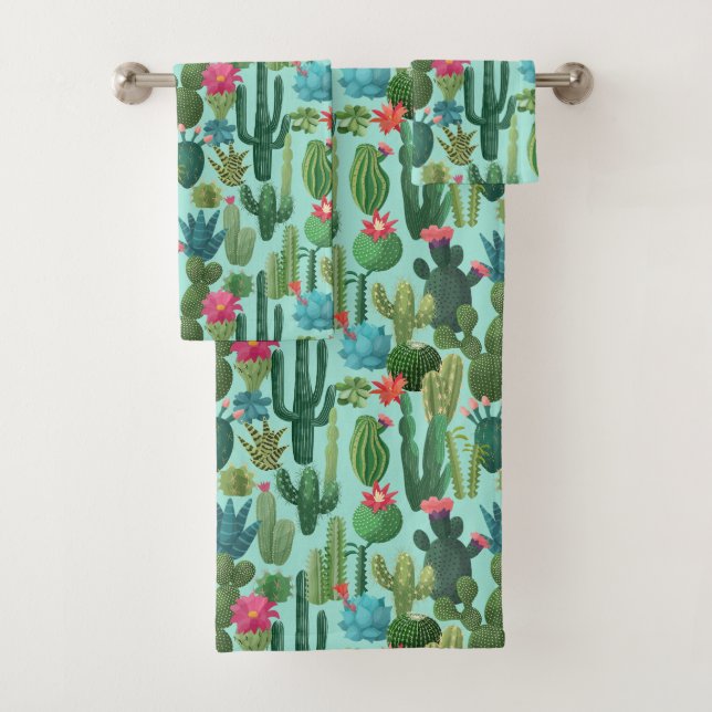 Green Teal Blooming Cacti Pattern Bath Towel Set (Insitu)