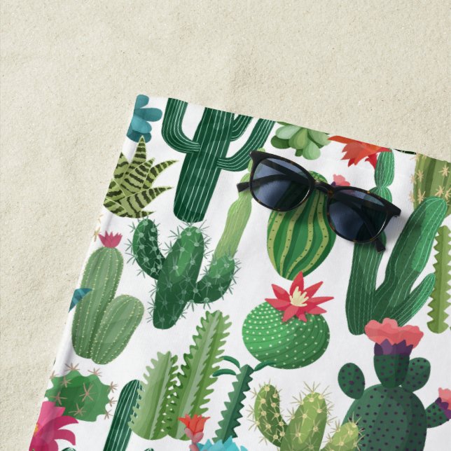 Green Teal Blooming Cacti Pattern Beach Towel (In Situ)