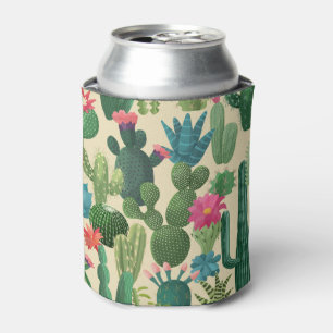Green Teal Blooming Cacti Pattern Can Cooler