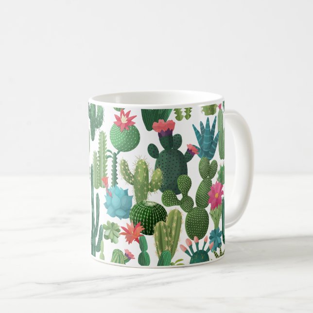 Green Teal Blooming Cacti Pattern Coffee Mug (Front Right)