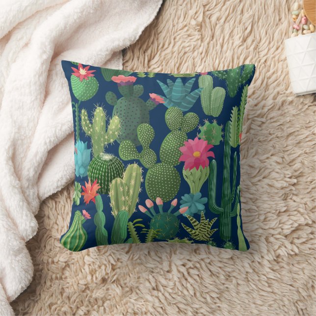 Green Teal Blooming Cacti Pattern Cushion (Blanket)