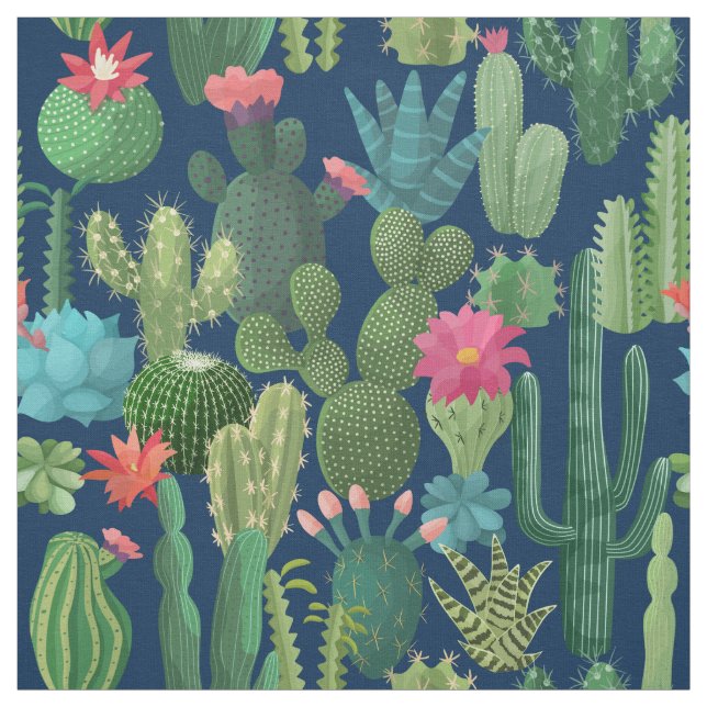 Green Teal Blooming Cacti Pattern Fabric (Swatch)