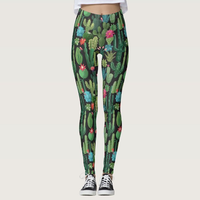 Green Teal Blooming Cacti Pattern Leggings (Front)