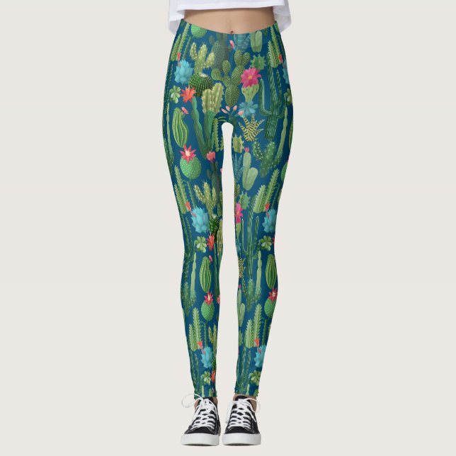 Green Teal Blooming Cacti Pattern Leggings (Front)