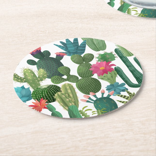 Green Teal Blooming Cacti Pattern Round Paper Coaster (Angled)