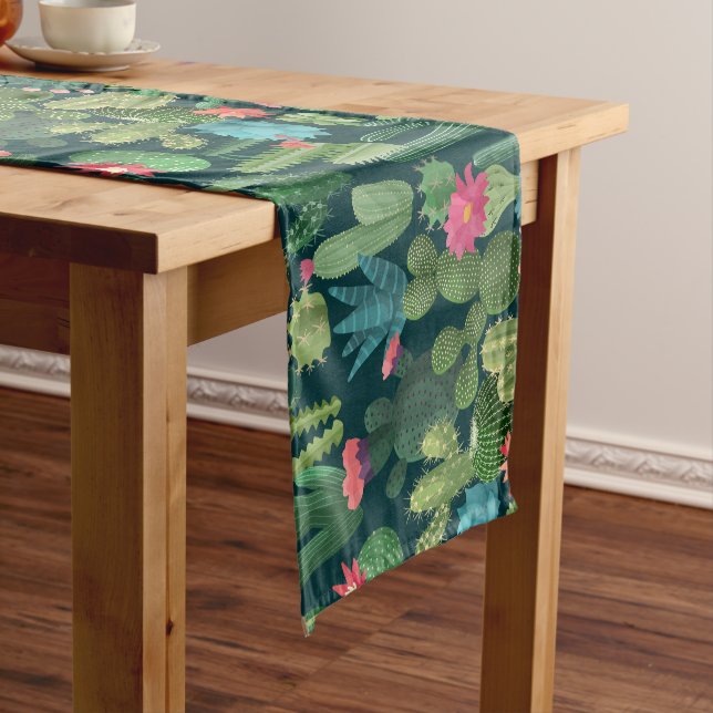 Green Teal Blooming Cacti Pattern Short Table Runner (In Situ)