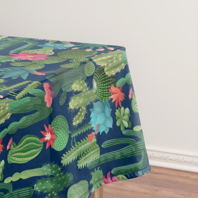 Green Teal Blooming Cacti Pattern Tablecloth (In Situ)