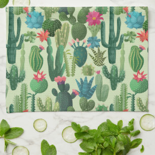 Green Teal Blooming Cacti Pattern Tea Towel