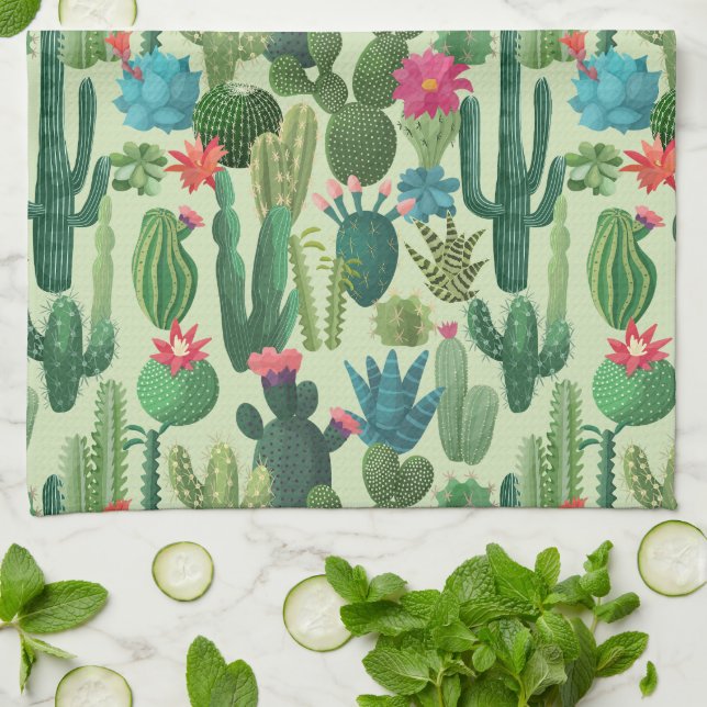 Green Teal Blooming Cacti Pattern Tea Towel (Folded)