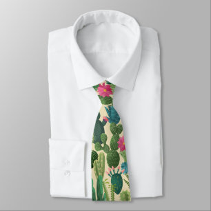 Green Teal Blooming Cacti Pattern Tie