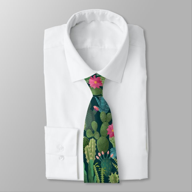 Green Teal Blooming Cacti Pattern Tie (Tied)