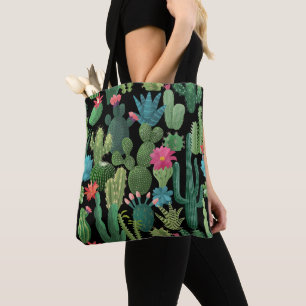 Green Teal Blooming Cacti Pattern Tote Bag