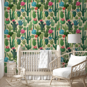 Green Teal Blooming Cacti Pattern Wallpaper
