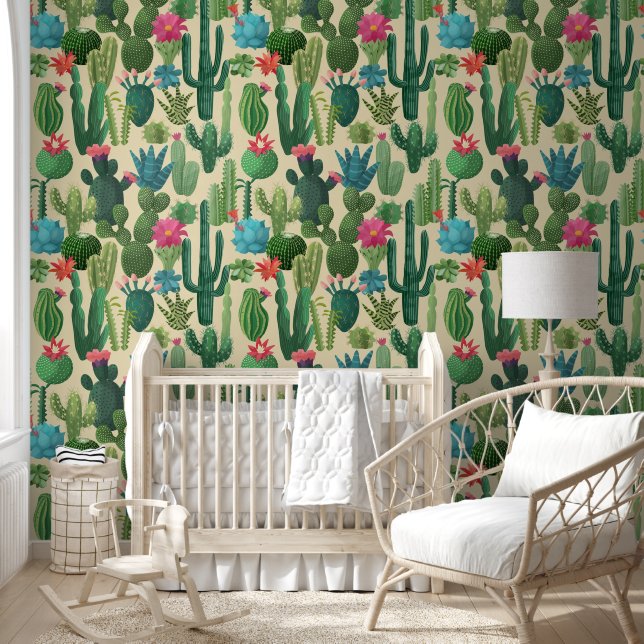 Green Teal Blooming Cacti Pattern Wallpaper (Kids)