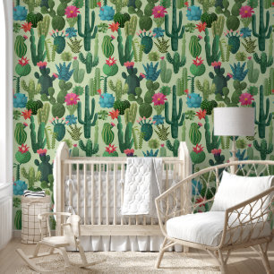 Green Teal Blooming Cacti Pattern Wallpaper