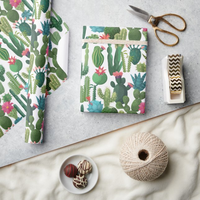 Green Teal Blooming Cacti Pattern Wrapping Paper (Crafts)