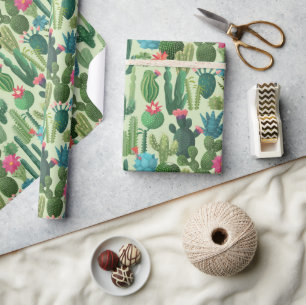 Green Teal Blooming Cacti Pattern Wrapping Paper