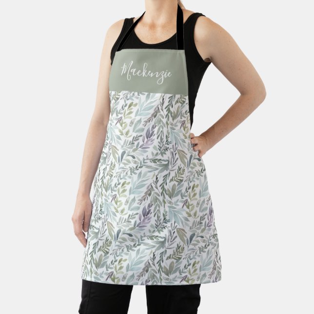 Green Teal Botanical Watercolor Custom Name  Apron (Insitu)