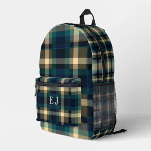 Green Teal Chequered Pattern Printed Backpack