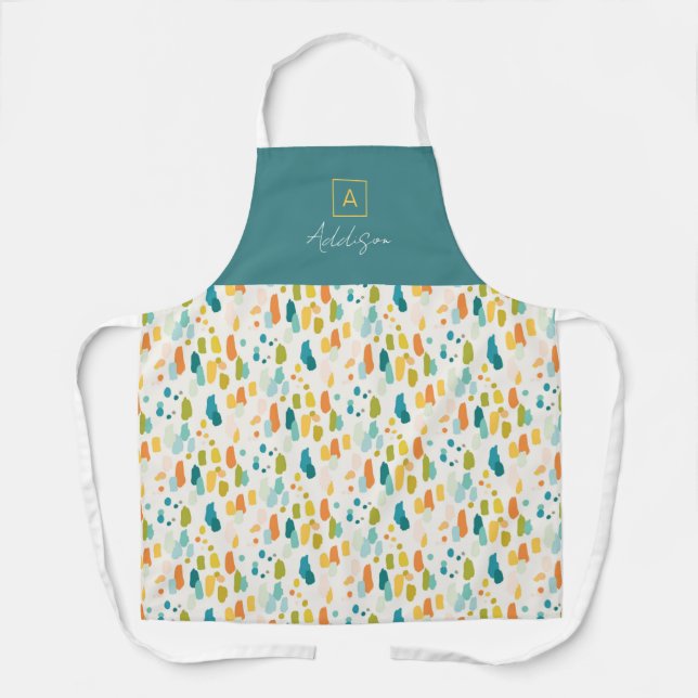 Green Teal Gold Abstract Personalised Monogram Apron (Front)