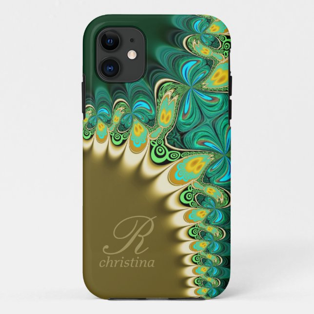 Green Teal & Gold Lace  Fractals Monogram iPhone 5 Case-Mate iPhone Case (Back)