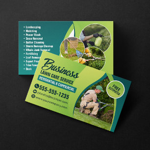 Green & Teal Lawn Care and Landscaping Service Business Card