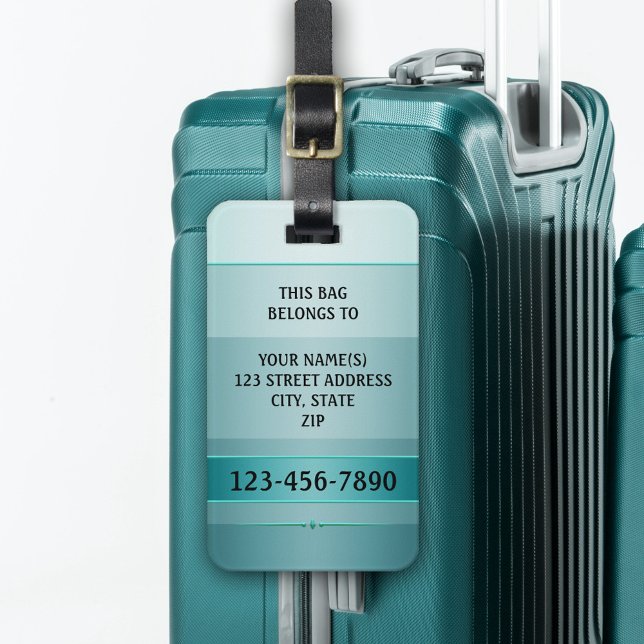 Green Teal Metallic Striped Luggage Tag (Luggage tag showing an elegant striped design in teal green turquoise with a 
 metallic effect)