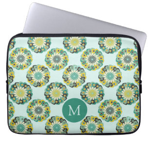 Green Teal Modern Flower Pattern Monogram Laptop Sleeve