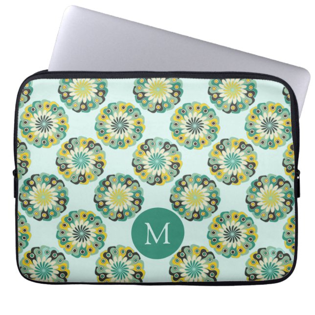 Green Teal Modern Flower Pattern Monogram Laptop Sleeve (Front)