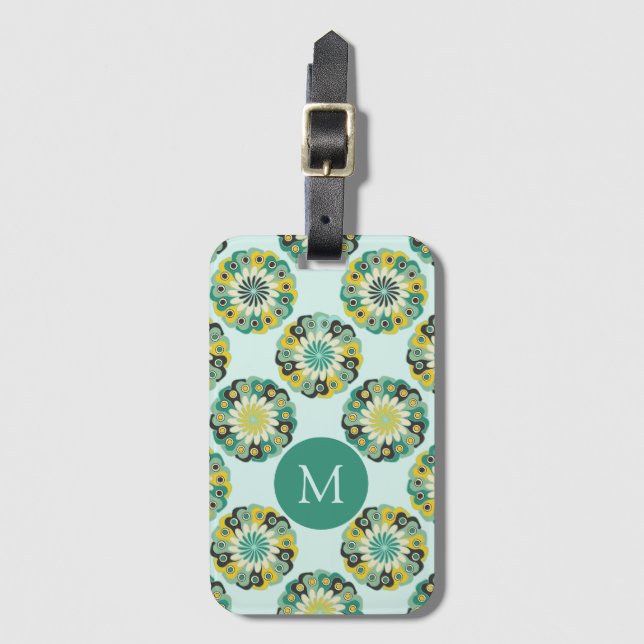 Green Teal Modern Flower Pattern Monogram Luggage Tag (Front Vertical)