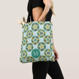 Green Teal Modern Flower Pattern Monogram Tote Bag