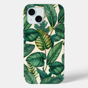 Green & Teal Palm Monstera Tropical Leaves Pattern iPhone 15 Case