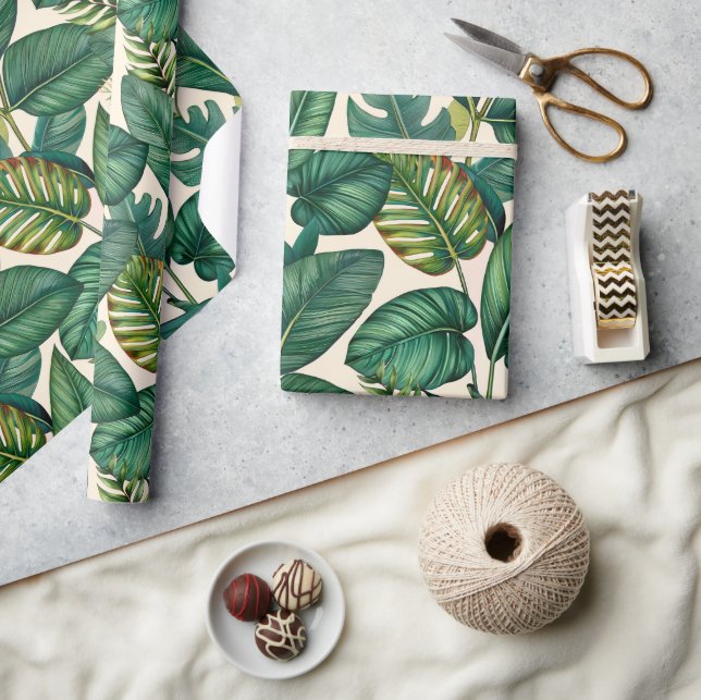 Green & Teal Palm Monstera Tropical Leaves Pattern Wrapping Paper (Crafts)