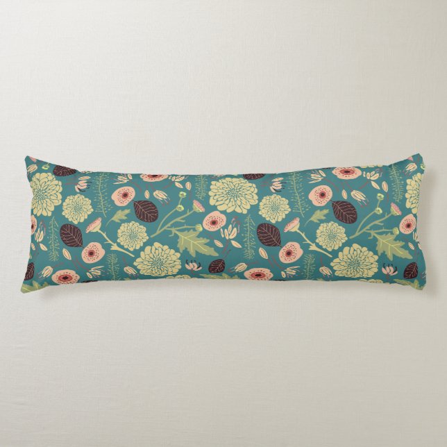 Green Teal Pink Floral Toss Pattern Body Cushion (Front)