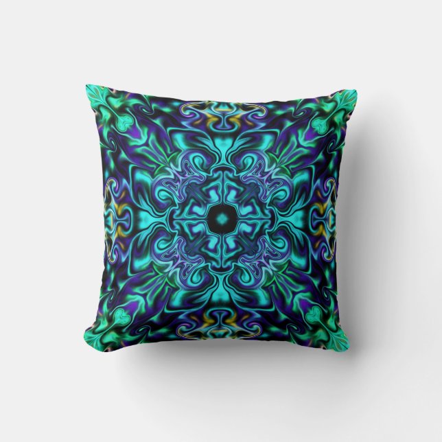 Green Teal Psychedelic Bohemian Mandala  Cushion (Front)
