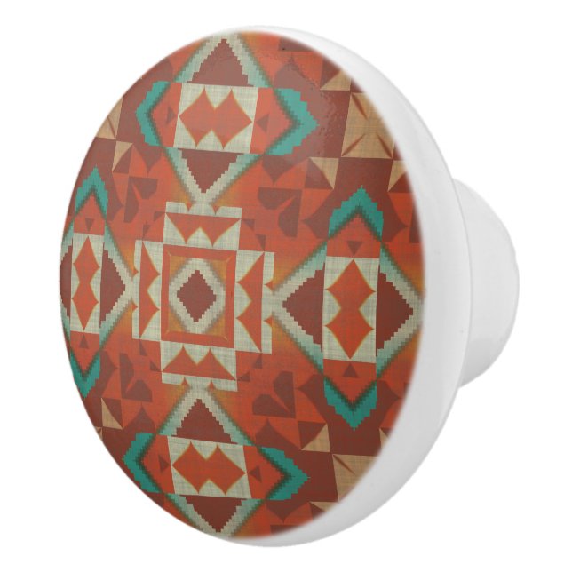 Green Teal Rust Orange Beige Brown Red Tribal Art Ceramic Knob (Right)