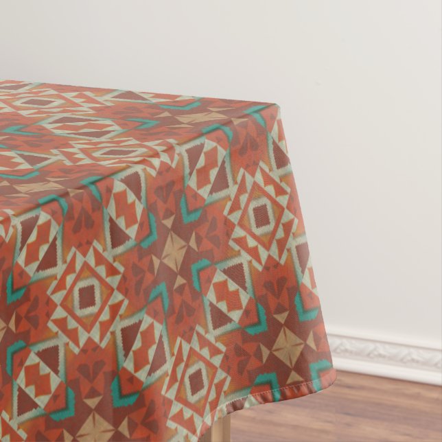 Green Teal Rust Orange Beige Brown Red Tribal Art Tablecloth (In Situ)