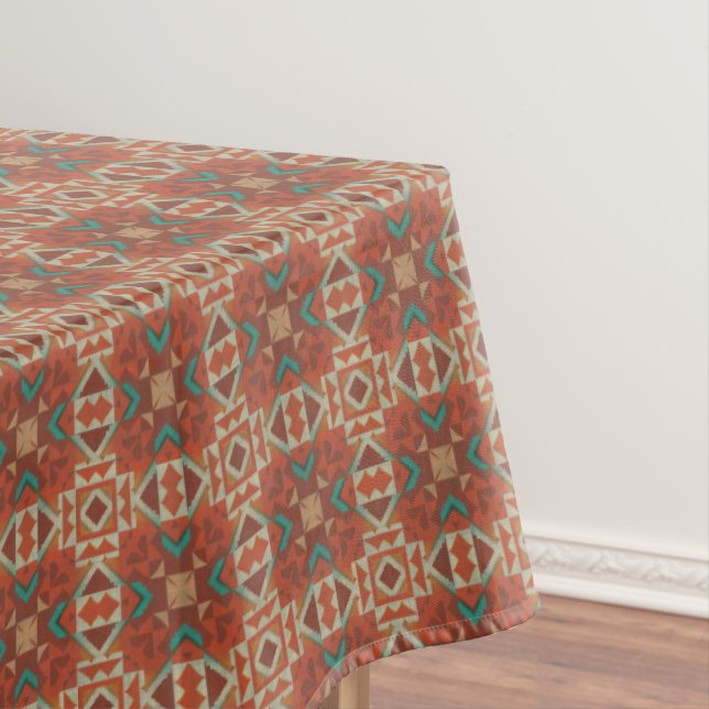Green Teal Rust Orange Beige Brown Red Tribal Art Tablecloth (In Situ)