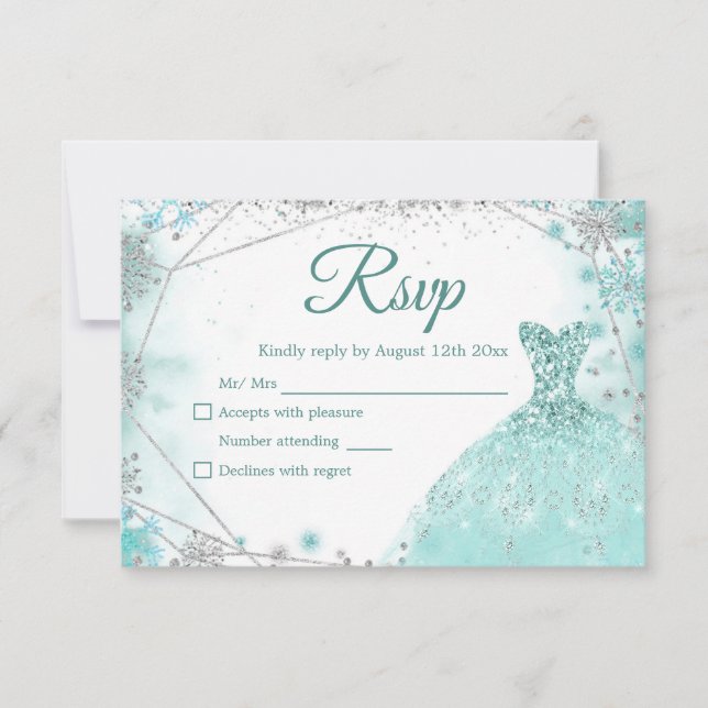 Green Teal Silver Christmas Princess Quinceañera RSVP Card (Front)