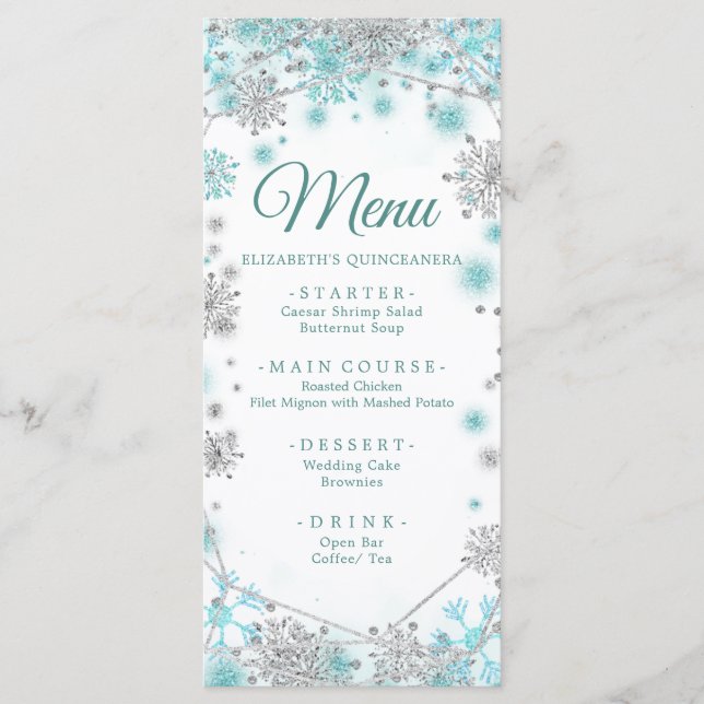 Green Teal Silver Christmas Snowflake Quinceañera Menu (Front)