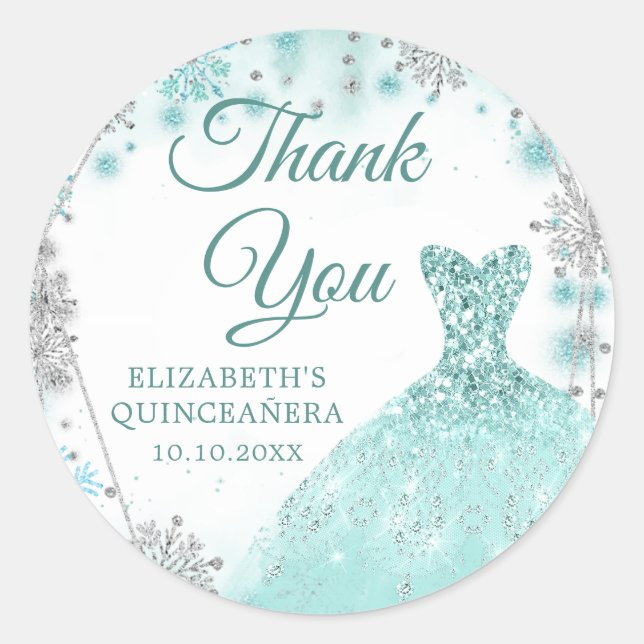 Green Teal Silver Wintere Quinceañera Thank You Classic Round Sticker (Front)
