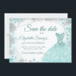 Green Teal Snowflake Mis Quince Save The Date Invitation<br><div class="desc">Green Teal Snowflake Mis Quince Save The Date Card</div>