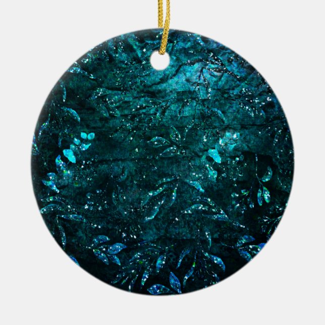 Green Teal Sparkle Floral Leaves   Ceramic Tree Decoration (Front)
