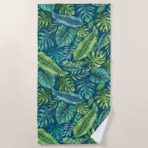 Green & Teal Tropical Palm Banana Monstera Leaves Beach Towel