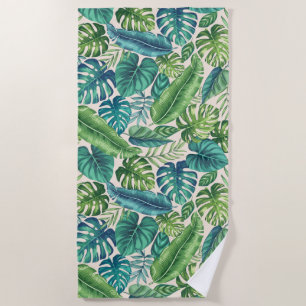 Green & Teal Tropical Palm Banana Monstera Leaves Beach Towel