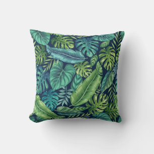 Green & Teal Tropical Palm Banana Monstera Leaves Cushion
