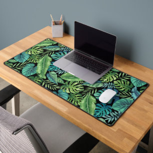 Green & Teal Tropical Palm Banana Monstera Leaves Desk Mat