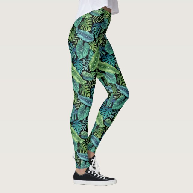 Green & Teal Tropical Palm Banana Monstera Leaves Leggings (Right)