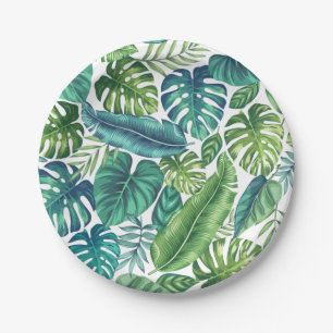 Green & Teal Tropical Palm Banana Monstera Leaves  Paper Plate